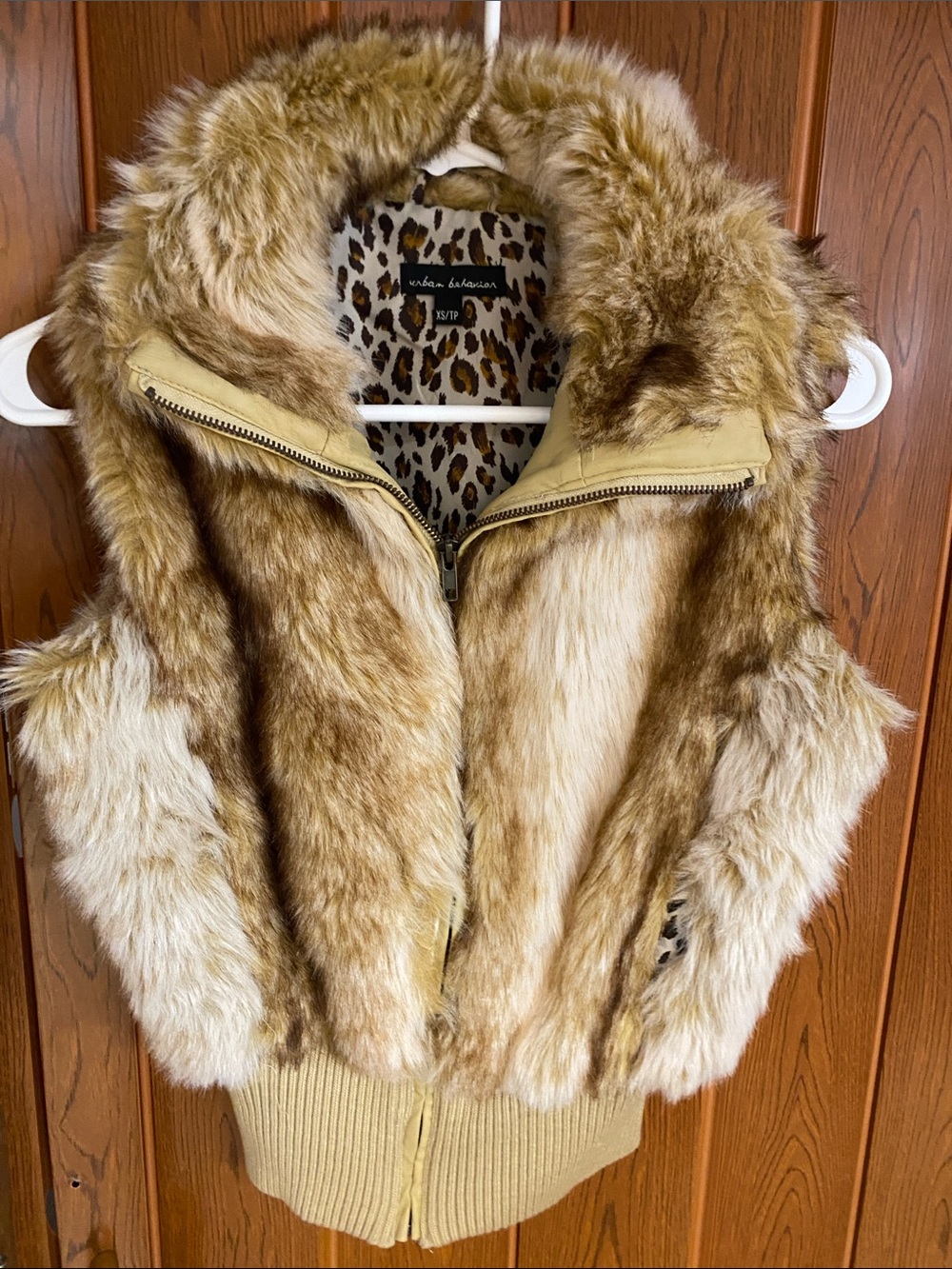 Vintage Urban Behavior Faux Fur Leopard-Trim Hooded Vest in Tan and Brown